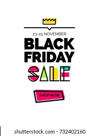 Black friday sale banner.Sale poster with geometric shapes.  Vector background in retro 80s, 90s memphis style.  Vector illustration.