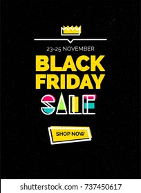 Black friday sale banner.Sale poster with geometric shapes.  Vector background in retro 80s, 90s memphis style.  Vector illustration.