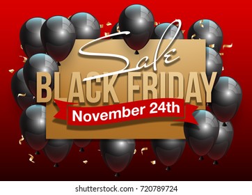 Black Friday Sale Beautiful Poster with Shiny Black Balloons on Red Background with Gold Square Frame. Vector illustration Big Sale Holiday Banner with balloons and confetti randomly flying over frame