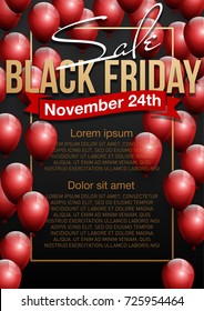 Black Friday Sale Beautiful Poster with Shiny Red Balloons on Black Background with Gold Square Frame. Vector illustration Big Sale Holiday Banner with balloons and confetti randomly flying over frame