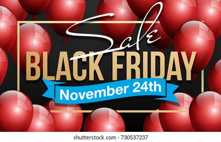 Black Friday Sale Beautiful Poster with Shiny Red Balloons on Black Background with Gold Square Frame. Vector illustration Big Sale Holiday Banner with balloons and confetti randomly flying over frame
