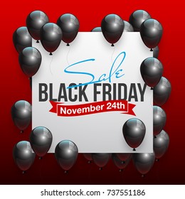 Black Friday Sale Beautiful Poster with Shiny Black Balloons on Red Background with White Square Frame. Vector illustration Big Sale Holiday Banner with balloon and confetti randomly flying over frame