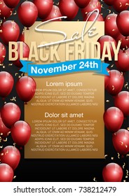 Black Friday Sale Beautiful Poster with Shiny Red Balloons on Black Background with Gold Square Frame. Vector illustration Big Sale Holiday Banner with balloons and confetti randomly flying over frame