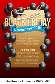 Black Friday Sale Beautiful Poster with Shiny Black Balloons on Red Background with Gold Square Frame. Vector illustration Big Sale Holiday Banner with balloons and confetti randomly flying over frame