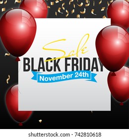 Black Friday Sale Beautiful Poster with Shiny Red Balloons on Black Background with White Square Frame. Vector illustration Big Sale Holiday Banner with balloon and confetti randomly flying over frame