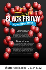 Black Friday Sale Beautiful Poster with Shiny Red Balloons on Black Background with White Square Frame. Vector illustration Big Sale Holiday Banner with balloon and confetti randomly flying over frame