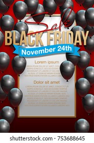 Black Friday Sale Beautiful Poster with Shiny Black Balloons on Red Background with Gold Square Frame. Vector illustration Big Sale Holiday Banner with balloons and confetti randomly flying over frame