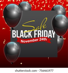 Black Friday Sale Beautiful Poster with Shiny Black Balloons on Red Background with Dark Square Frame. Vector illustration Big Sale Holiday Banner with balloons and confetti randomly flying over frame