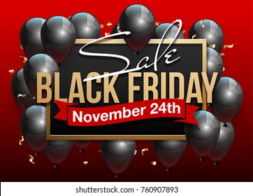Black Friday Sale Beautiful Poster with Shiny Black Balloons on Red Background with Gold Square Frame. Vector illustration Big Sale Holiday Banner with balloons and confetti randomly flying over frame
