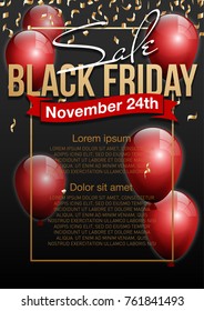 Black Friday Sale Beautiful Poster with Shiny Red Balloons on Black Background with Gold Square Frame. Vector illustration Big Sale Holiday Banner with balloons and confetti randomly flying over frame