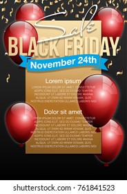 Black Friday Sale Beautiful Poster with Shiny Red Balloons on Black Background with Gold Square Frame. Vector illustration Big Sale Holiday Banner with balloons and confetti randomly flying over frame