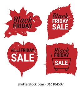 Black Friday sale, best price gradient banners, labels, round shapes. Vector collection of paint brush strokes isolated on white background. Hand drawn grunge design elements set with autumn leaves. 