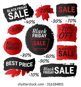 Black Friday sale, best price gradient banners, labels, round shapes. Vector collection of paint brush strokes isolated on white background. Hand drawn grunge design elements set with autumn leaves. 