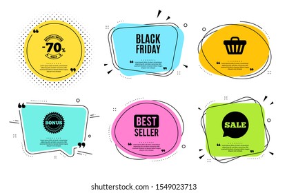 Black Friday Sale. Best seller, quote text. Special offer price sign. Advertising Discounts symbol. Quotation bubble. Banner badge, texting quote boxes. Black friday text. Coupon offer. Vector