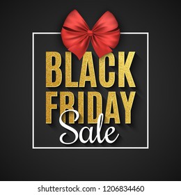 Black Friday Sale. Big discounts. Web text banner. Gift box with bow. Text with golden glitters on a dark background. Vector illustration. EPS 10
