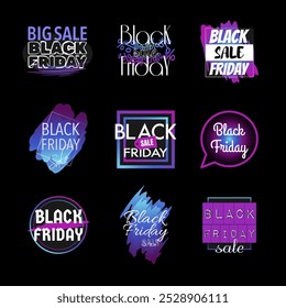 Black Friday sale blue purple clip art set on black