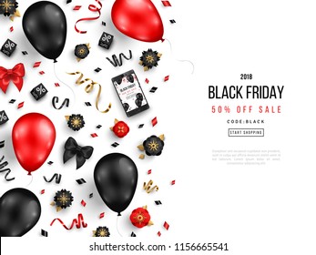 Black Friday Sale Border with Balloons, Flowers and Confetti on White Background. Vector illustration.