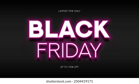 Black Friday Sale bright banner. Bright glowing text symbol for decoration Black Friday sale. Pink neon Black Friday signboard for seasonal sales, advertising and social media.