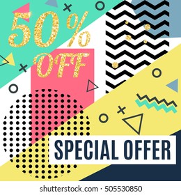 Black Friday Sale Bright Poster in Memphis Style with Trendy Glittering Geometric Elements. Vector illustration