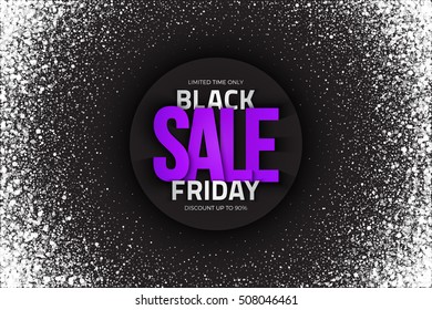 Black friday sale bright vector background. Illustration for business, marketing, promotion and holiday. White shimmer glowing round falling particles. Scatter light shine snow blizzard