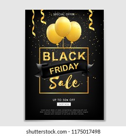 Black Friday sale brochure or flyer with ribbon and balloon gold
