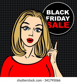 Black friday sale bubble and pop art woman to point the finger
