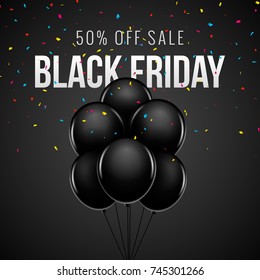 Black Friday Sale bunch balloon decoration confetti background design. Vector balloon discount banner