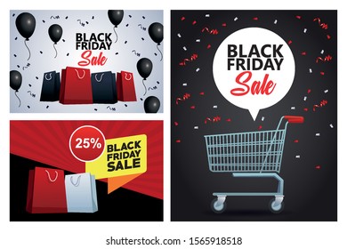 black friday sale bundle of cards vector illustration design