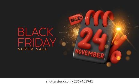 Black Friday sale. Calendar with the date November 24 and percentages on the background. Realistic 3d design in plastic style. Vector illustration