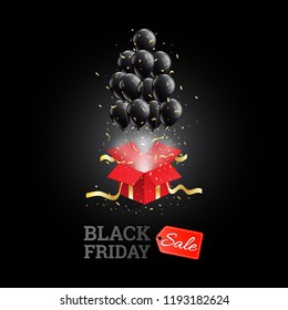 Black Friday Sale calligraphy banner vector design with red 3D opened box and balloons,shiny ribbons confetti on dark background  for use to your business website.