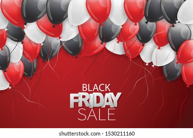 Black Friday Sale card background. Big discount of the year design concept with shiny balloons on red backdrop. Vector illustration.