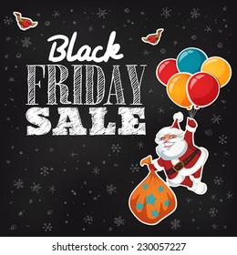 Black Friday Sale card with chalkboard and happy Santa Claus flying air balloons