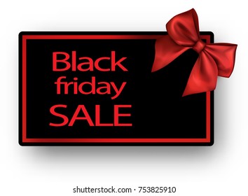 Black friday sale card with red glossy bow. Vector illustration.