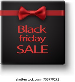 Black friday sale card with red glossy bow. Vector illustration.