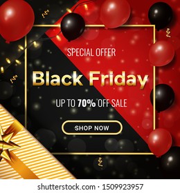 Black Friday Sale Card with Shiny Balloons on Black and Red Background with Square Frame, gift and sparkling lights garland. Social Media Banner Design Template
