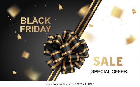 Black friday sale card template design. Vector illustration. Holiday background with black bow and gold confetti