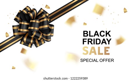 Black friday sale card template design. Vector illustration. Holiday background with black bow and gold confetti