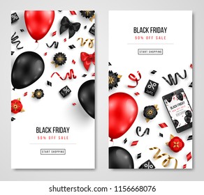 Black Friday Sale Cards with Balloons, Flowers and Confetti on White Background. Vector illustration.