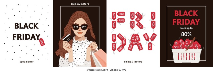 Cartões de Venda Black Friday. Conjunto de fotos com venda, etiquetas, bela menina segurando bolsas, ideias de panfletos. Estilo retrô. Ilustração vetorial