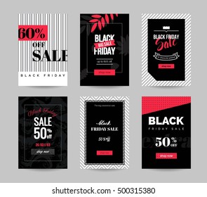 Black friday sale cards. Set of mobile banners for online shopping. Vector illustrations for website and mobile website social media banners, posters, email, ads, promotional material.