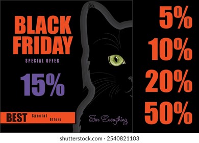 Black Friday sale. Black cat with green eyes. Banner for advertising and sales, isolated on black, vector illustration, eps-10