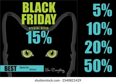 Black Friday sale. Black cat with green eyes. Banner for advertising and sales, isolated on black, vector illustration, eps-10