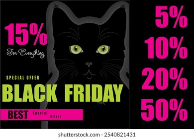 Black Friday sale. Black cat with green eyes. Banner for advertising and sales, isolated on black, vector illustration, eps-10