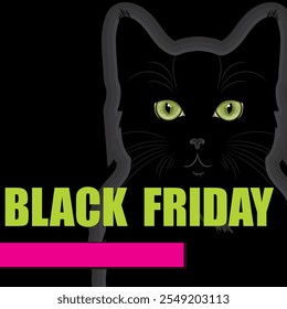 Black Friday sale. Black cat with green eyes. Banner for advertising and sales, isolated on black, vector illustration, eps-10