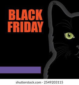 Venda de Black Friday. Gato preto com olhos verdes. Banner para propaganda e vendas, isolado em preto, ilustração vetorial, eps-10