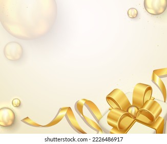 Black Friday sale or celebration design template. Decorative white gift box with golden bow and long ribbon isolated on white background