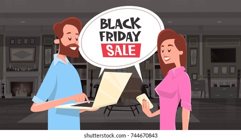 Black Friday Sale Chat Bubble Message With Man And Woman Using Smartphone And Laptop Holiday Discounts Banner Design Vector Illustration