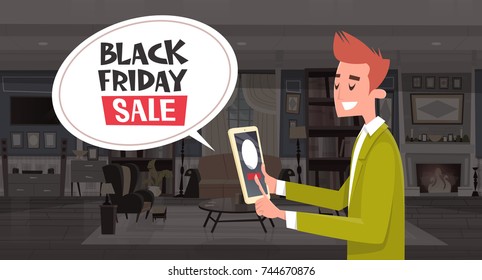 Black Friday Sale Chat Bubble Message From Girl Using Cell Smart Phone Holiday Discounts Banner Design Vector Illustration