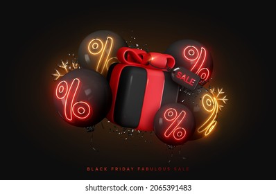 Black Friday Sale. Christmas sale. New Year discounts. Realistic 3d objects design, red gift box, dark balloons, glitter confetti, neon percent light. Holiday surprise and present. Vector illustration