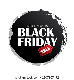 Black friday sale circle banner with white text on grunge black brush stroke. Use for discount, shopping, promotion, advertising. 